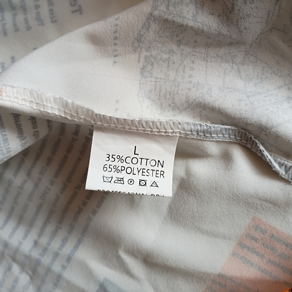 HALFHEART Shirt Dress Newspaper Print Button Down White Orange Gray LARGE - Picture 9 of 9